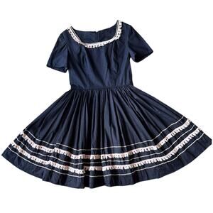 VTG Retro Unbranded Black summer fit flare dress with pink tassel trim medium